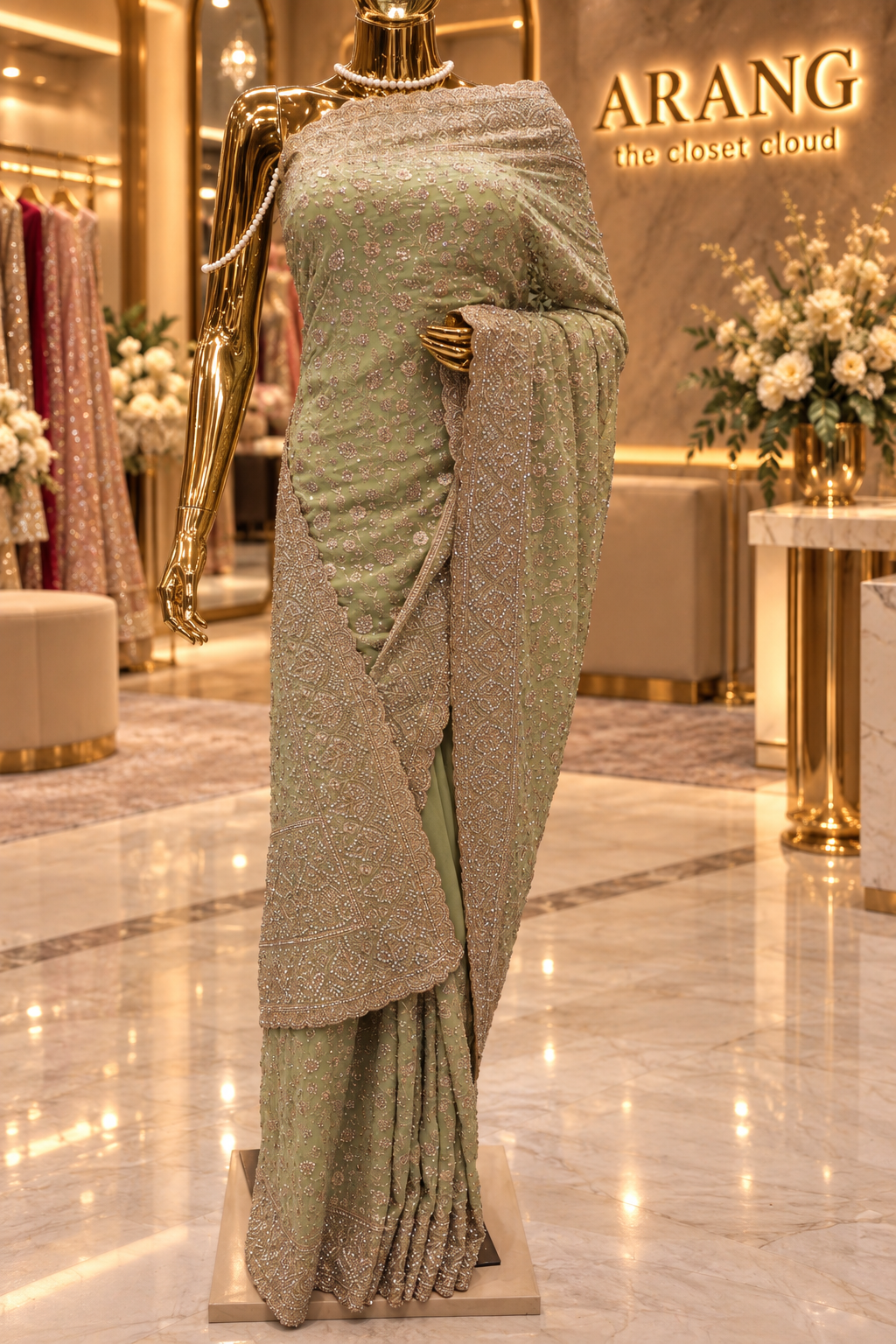"The Elegant Sage Green" Premium Designer Saree