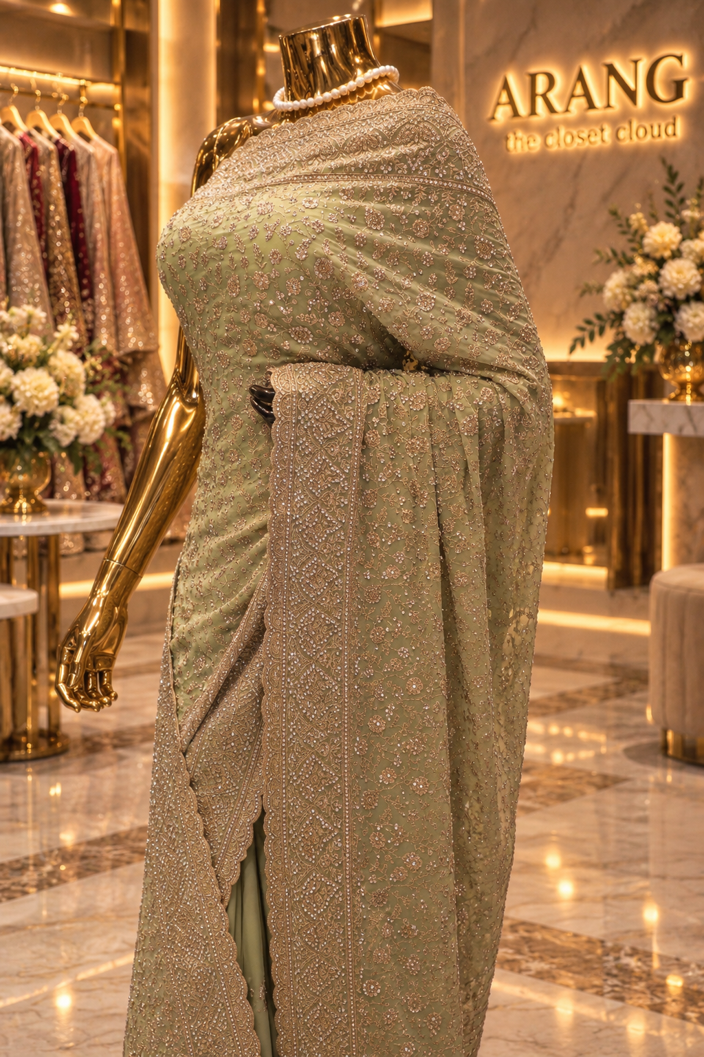 "The Elegant Sage Green" Premium Designer Saree