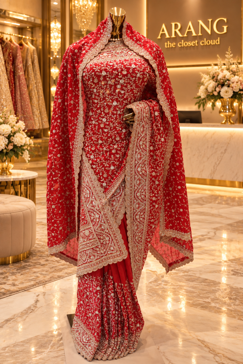 "The Luxury Bridal Red" Premium Designer Saree With Veil