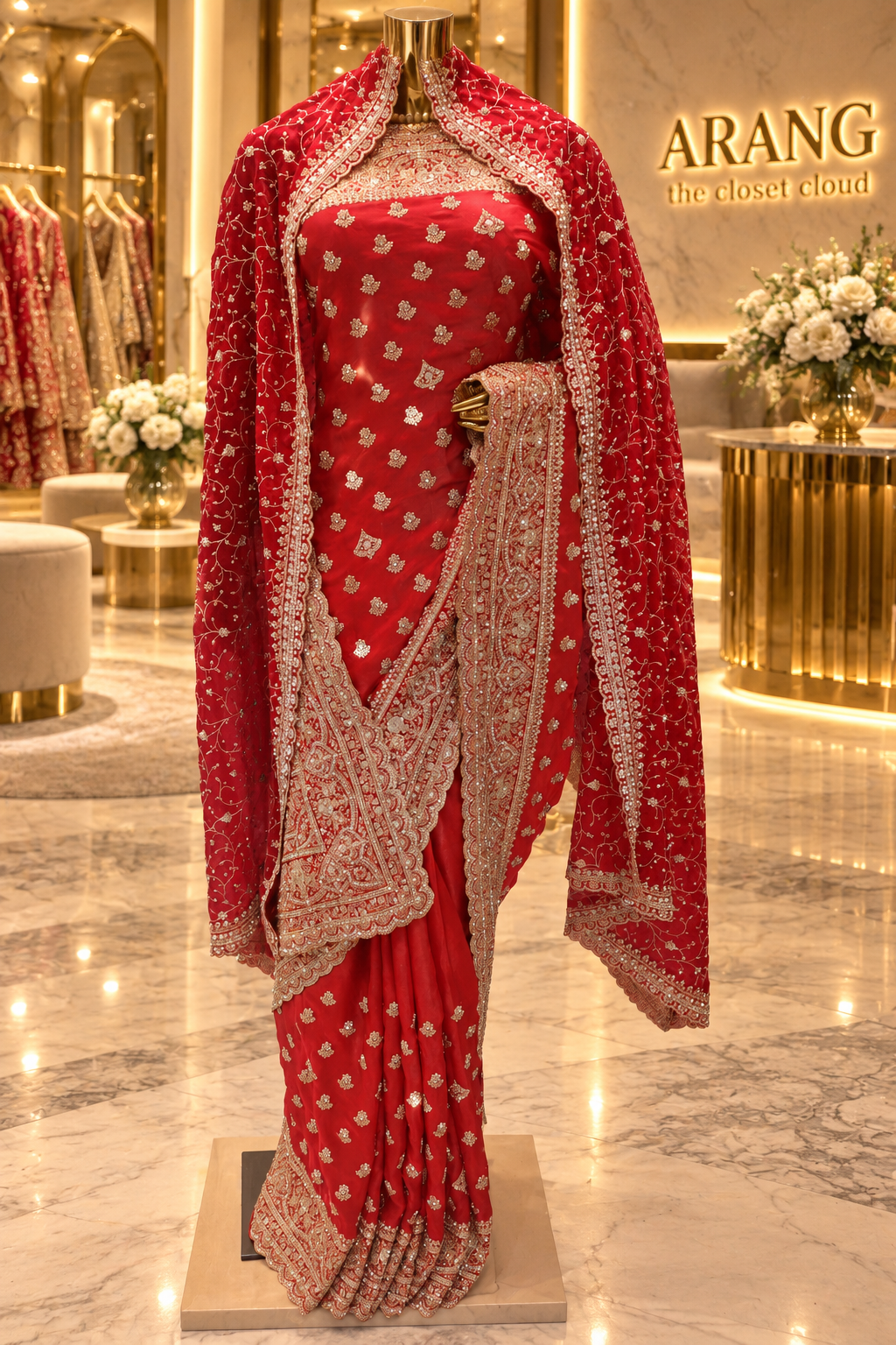 "The Luxury Crimson Red" Premium Designer Saree with Veil