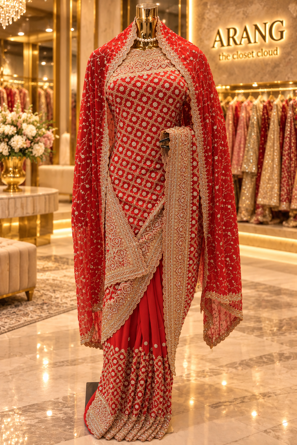 "The Neon Orange" Premium Designer Saree with Veil