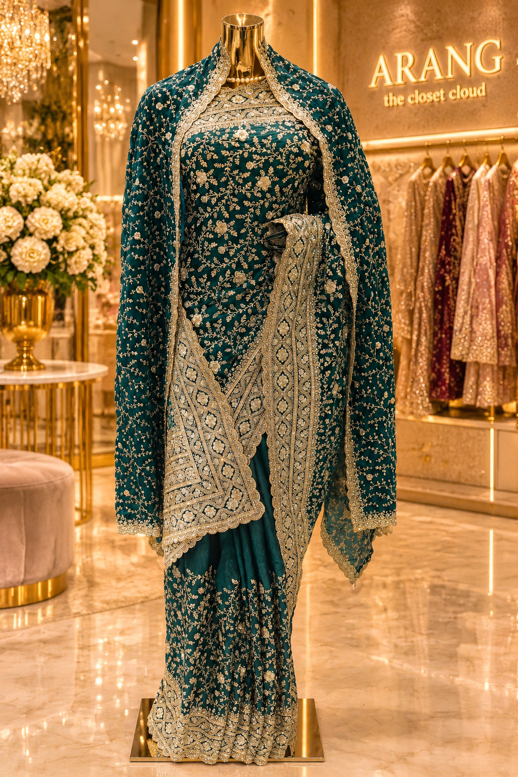 "The Luxury Emerald Green" Premium Designer Saree With Veil