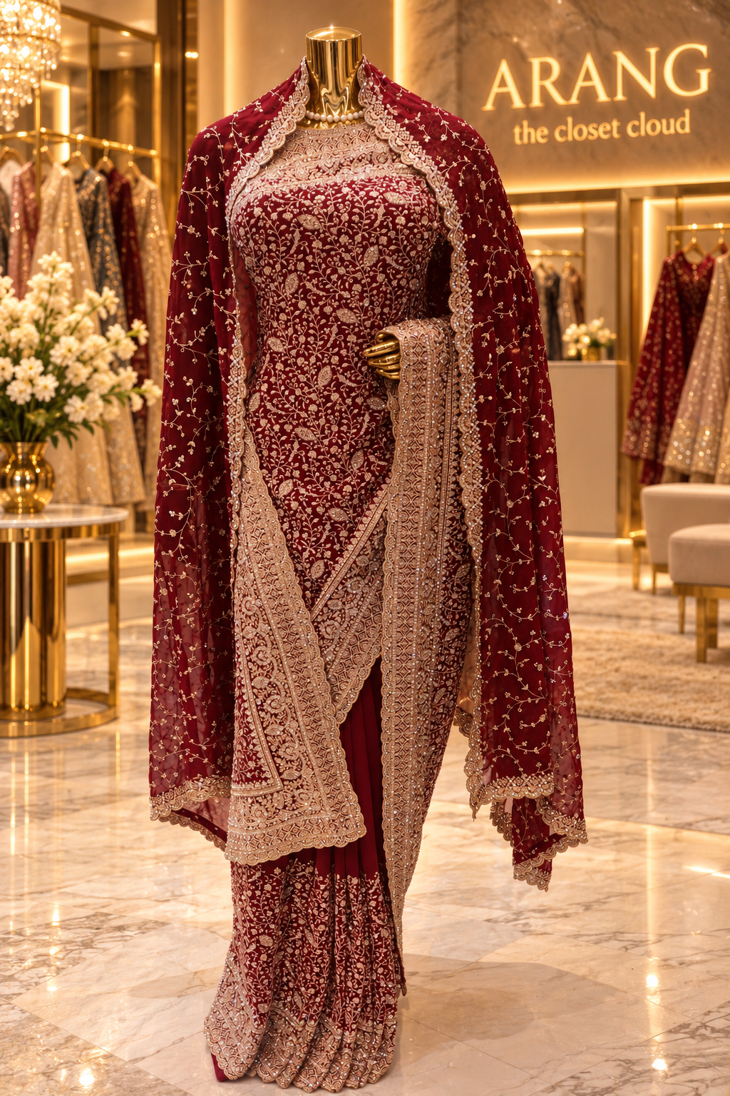 "The Luxury Deep Maroon" Premium Bridal Saree with Veil