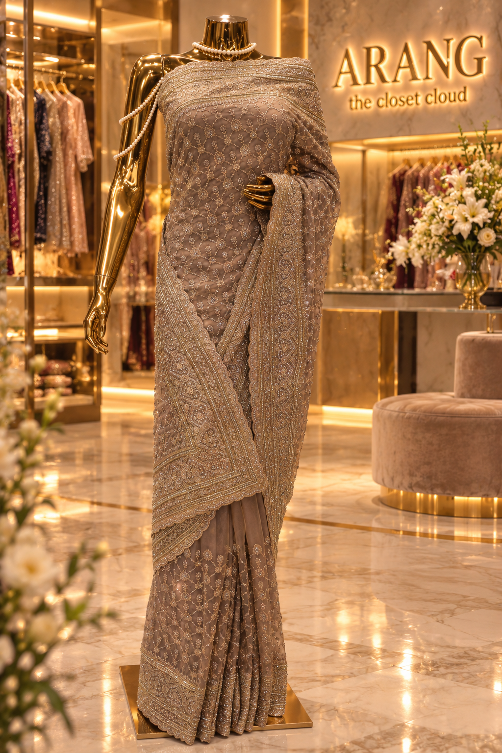 "The Exquisite Champagne Taupe" Premium Designer Saree