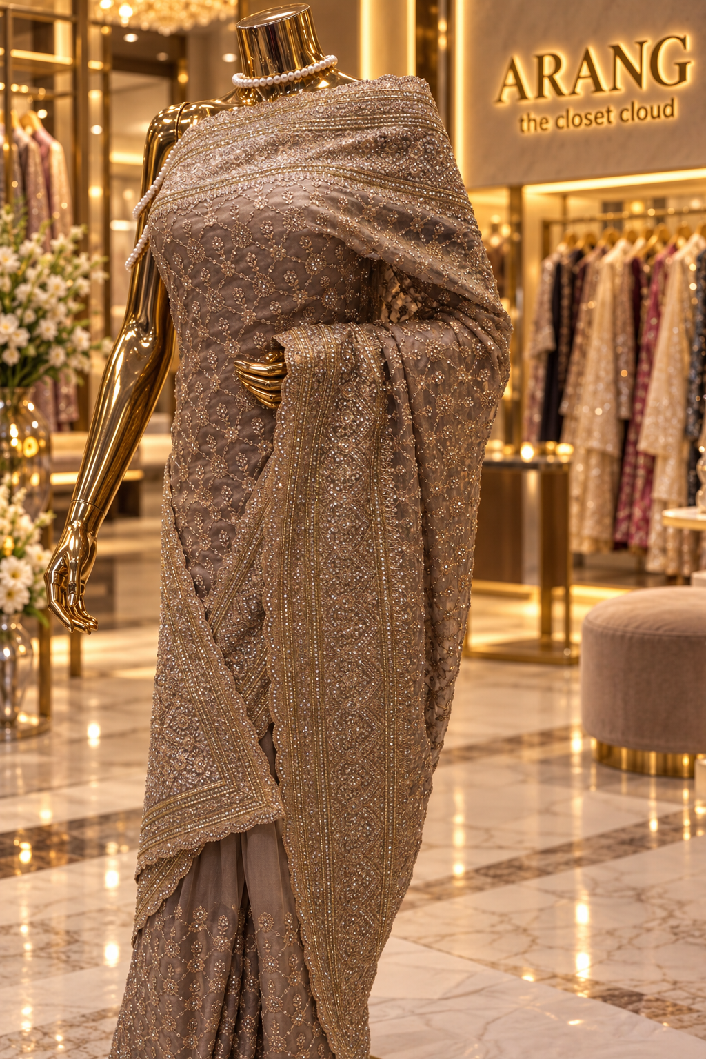 "The Exquisite Champagne Taupe" Premium Designer Saree