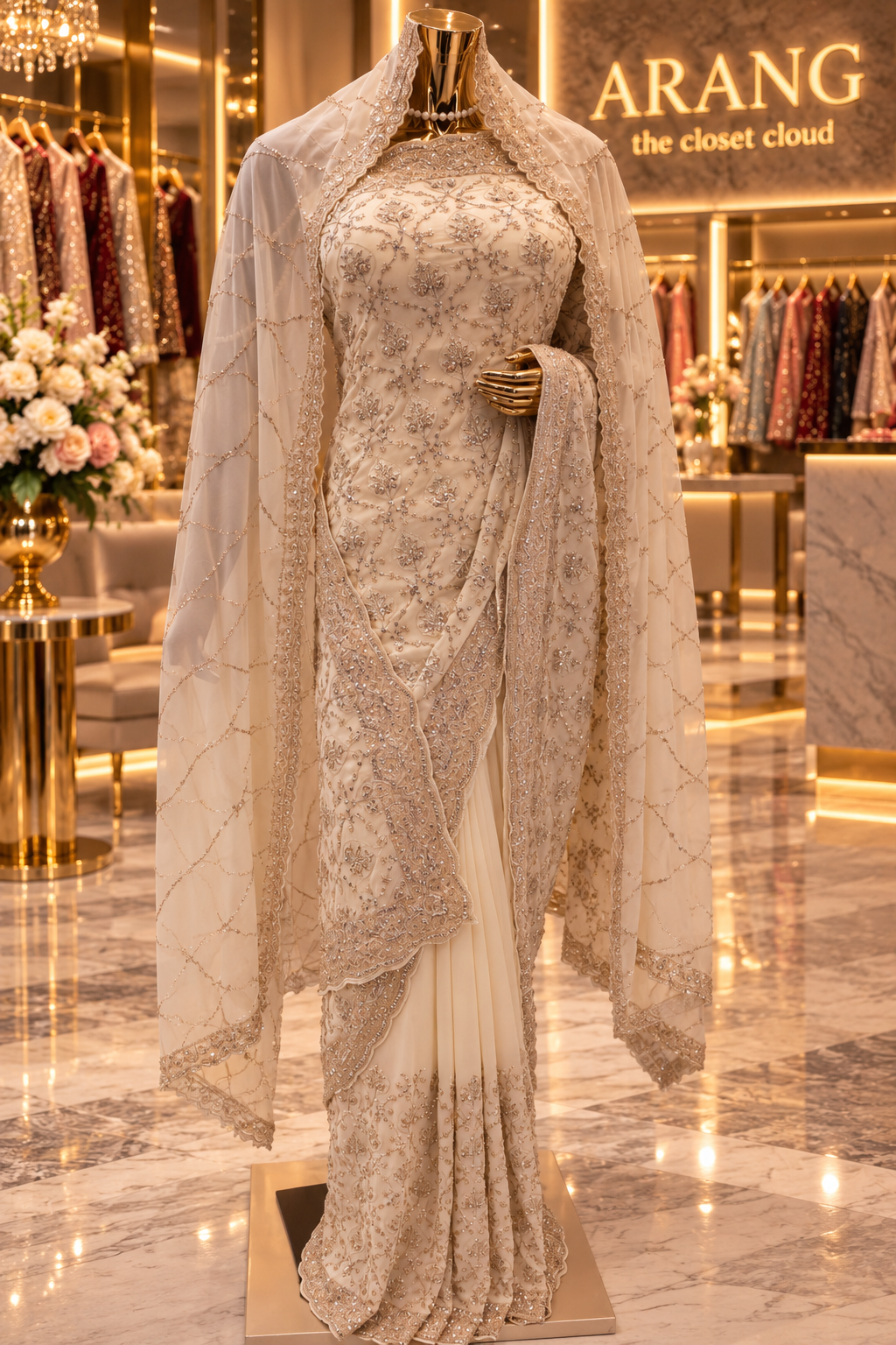 "The Ivory White" Premium Designer Saree with Veil