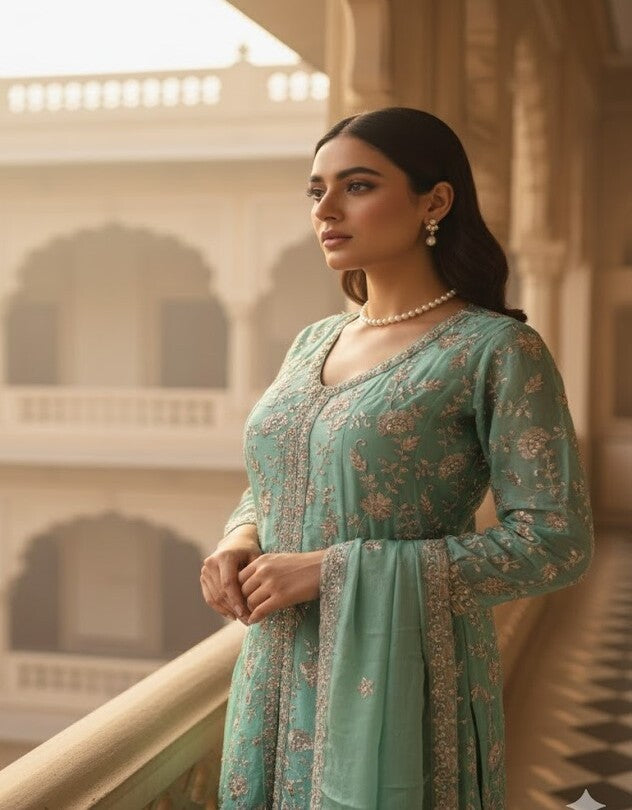 The Designer Double Shade Front Open Style Ready to Wear Dress