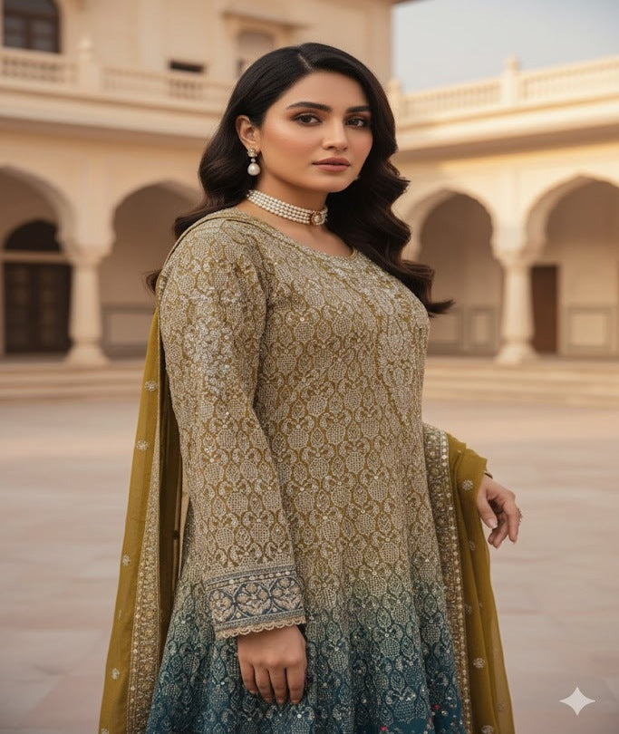 The Designer Luxury Double Shade Frock Style Ready to Wear Dress