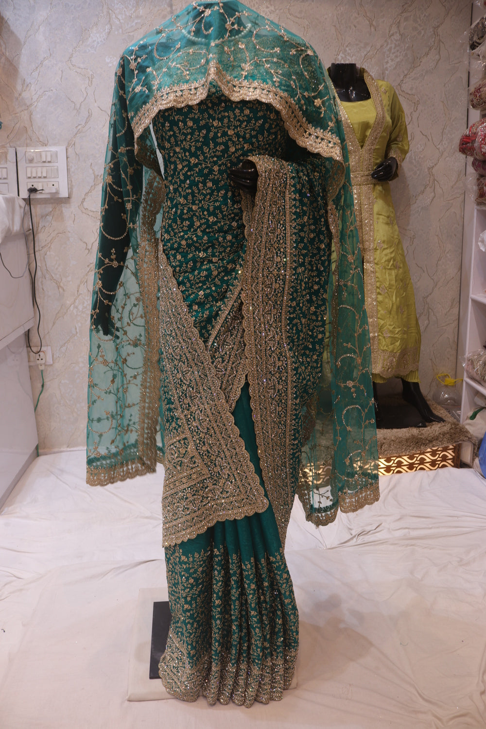 "The Zirconium Green" Premium Bridal Saree With Veil