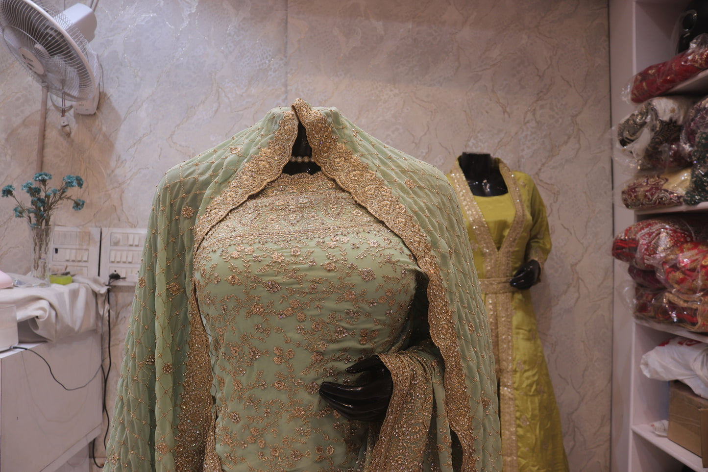 "The Bridal Mint Green" Designer Saree with Stunning Veil