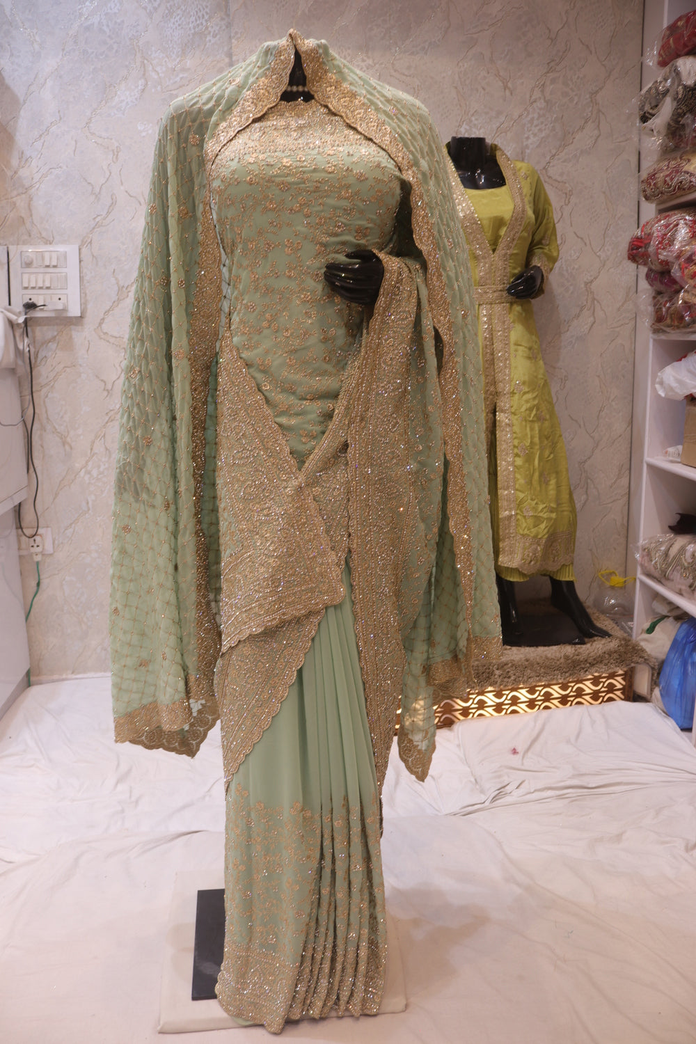 "The Bridal Mint Green" Designer Saree with Stunning Veil