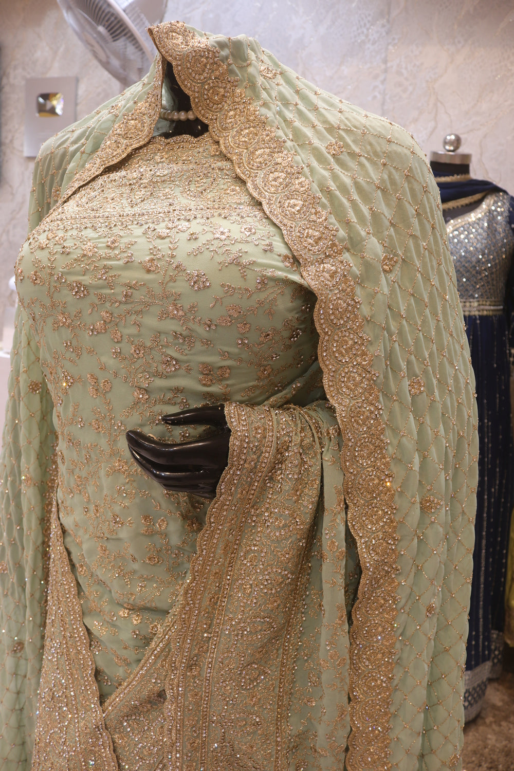 "The Bridal Mint Green" Designer Saree with Stunning Veil