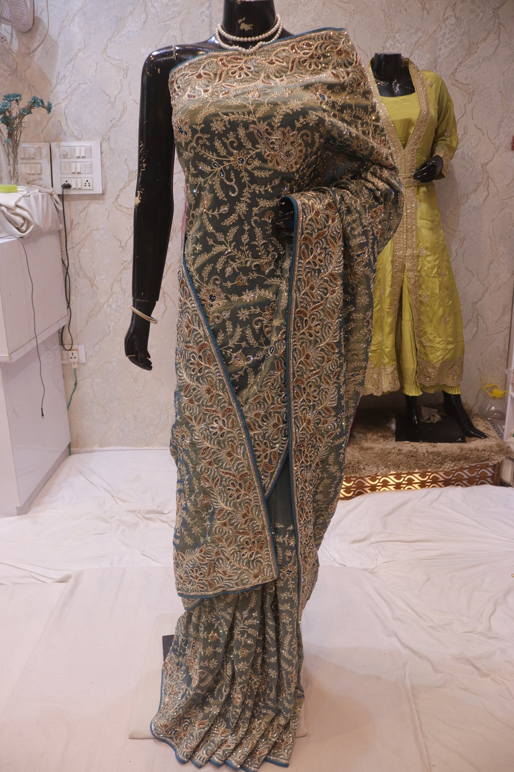 “The Antique Olive Gold" Luxurious wedding Wear Saree