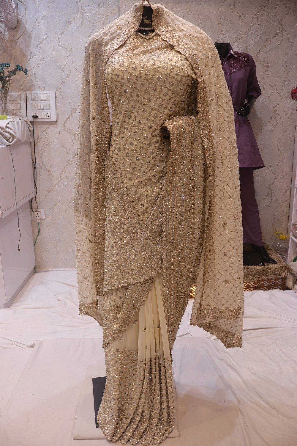 “The Ceramic White” Premium Designer Saree with Veil
