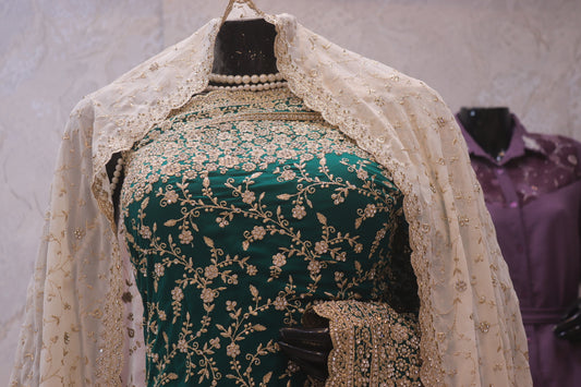 "The Persian Green Duet" Premium Designer Saree with Veil