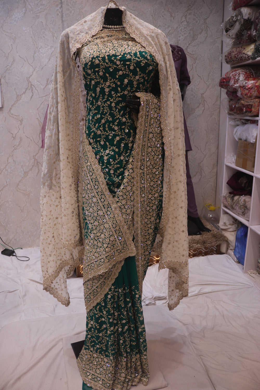 "The Persian Green Duet" Premium Designer Saree with Veil