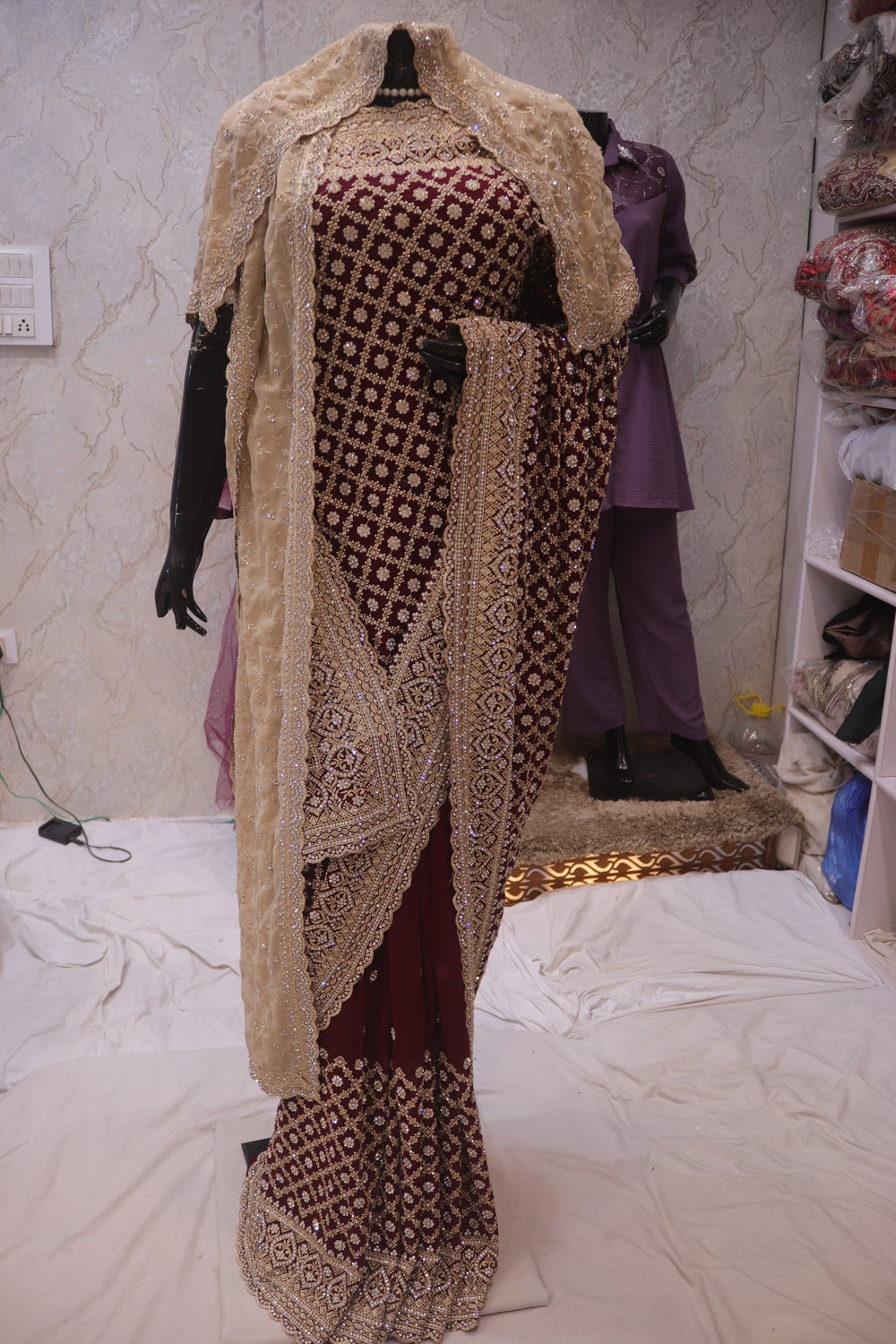 “The Wine Splash” Premium Designer Saree with Veil