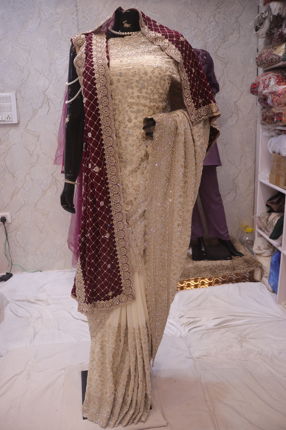 “The Floral White” Premium Designer Saree with Veil