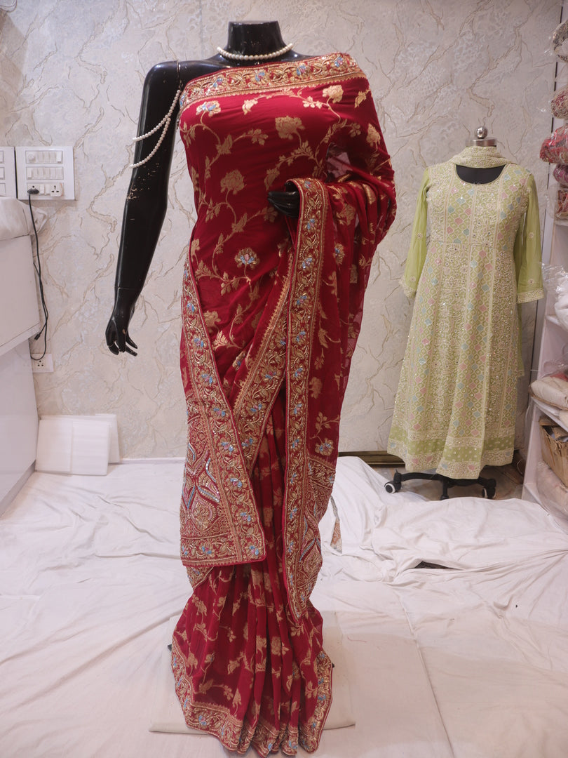 “The Rouge Pink” Premium Banarasi Chiffon Saree