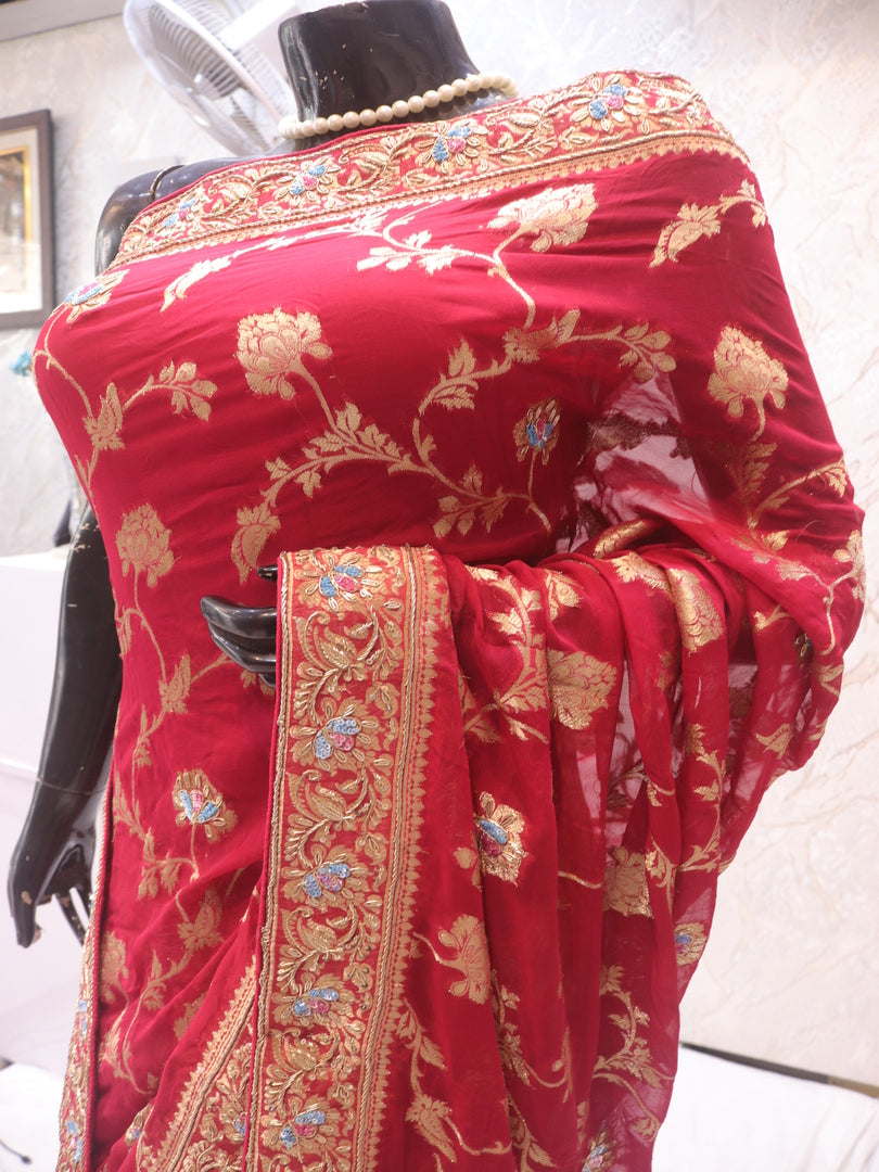 “The Rouge Pink” Premium Banarasi Chiffon Saree