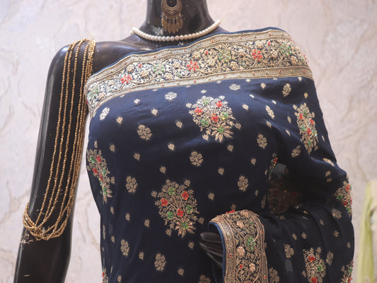 “The Midnight Blue” Premium Banarasi Chiffon Saree
