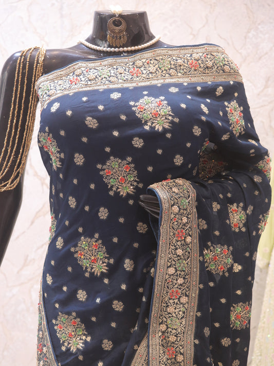 “The Midnight Blue” Premium Banarasi Chiffon Saree