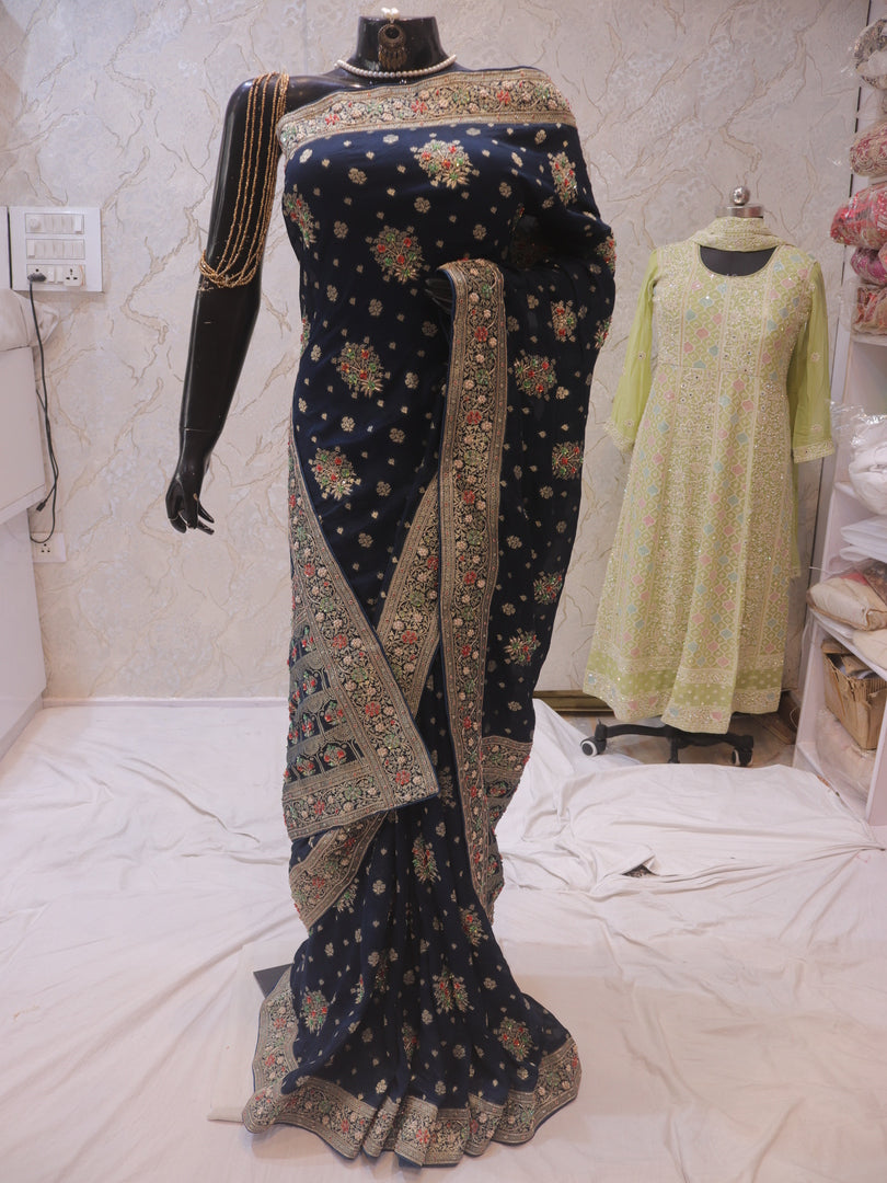 “The Midnight Blue” Premium Banarasi Chiffon Saree