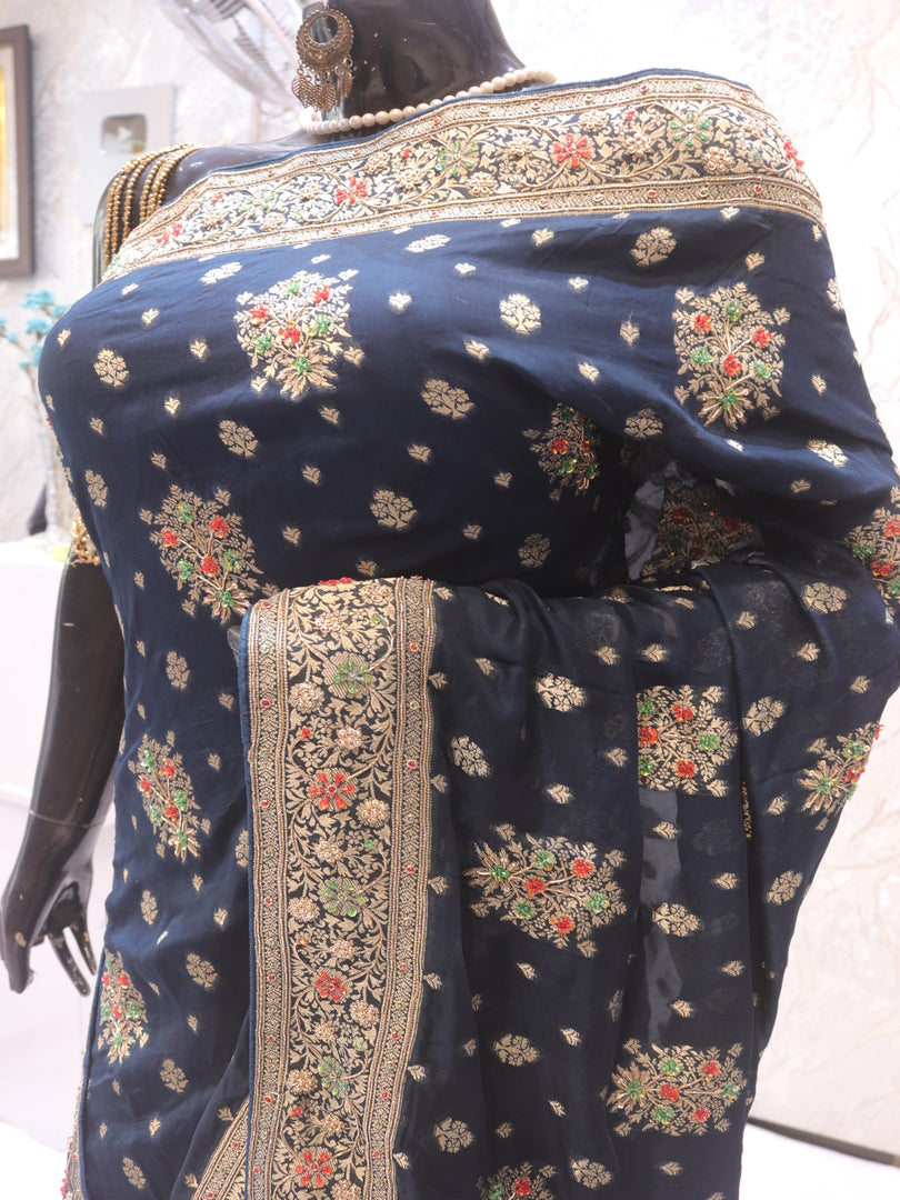 “The Midnight Blue” Premium Banarasi Chiffon Saree