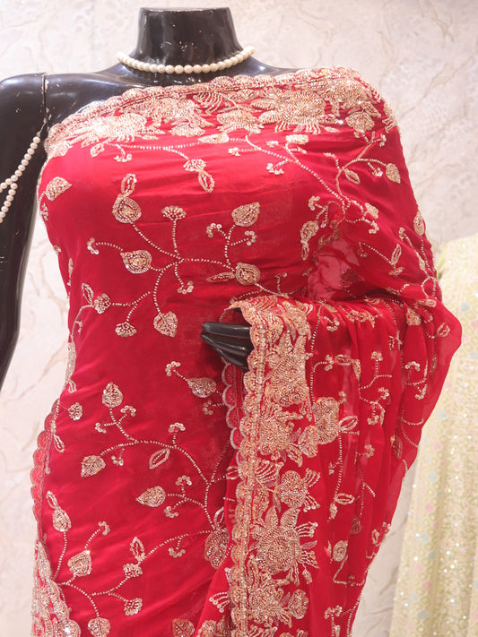 “Royal Elegance Fendi Fabric Saree in Raspberry Sorbet”