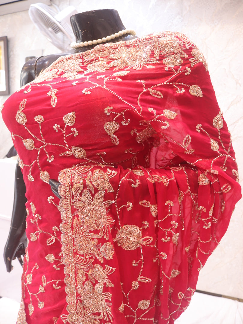 “Royal Elegance Fendi Fabric Saree in Raspberry Sorbet”