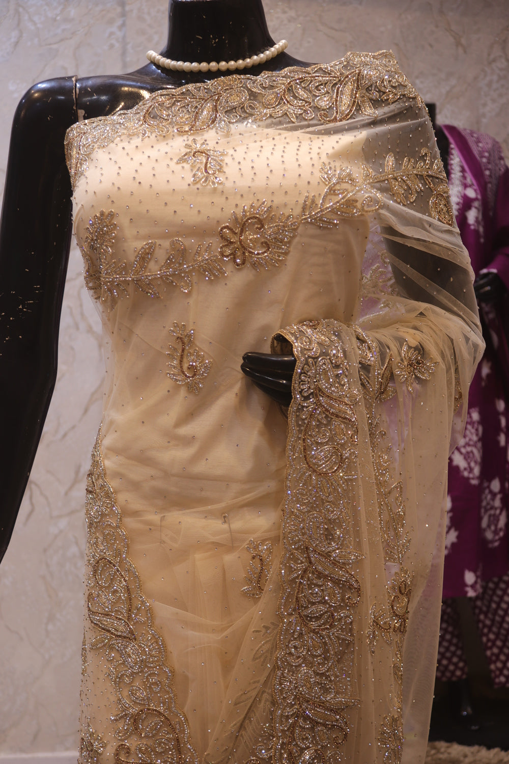 "The Champagne Gold" Designer Net Saree with Heavy Zardozi