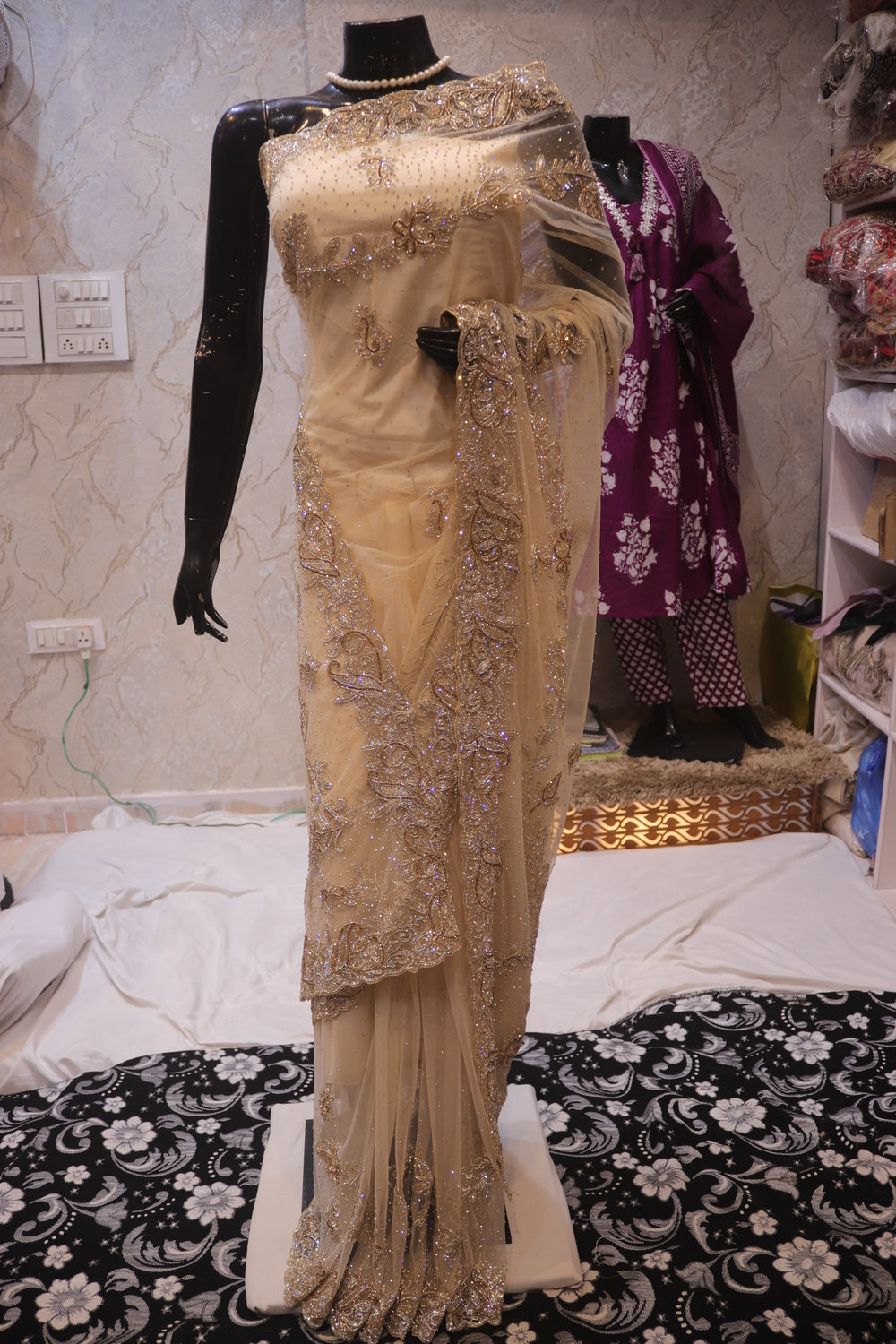 "The Champagne Gold" Designer Net Saree with Heavy Zardozi