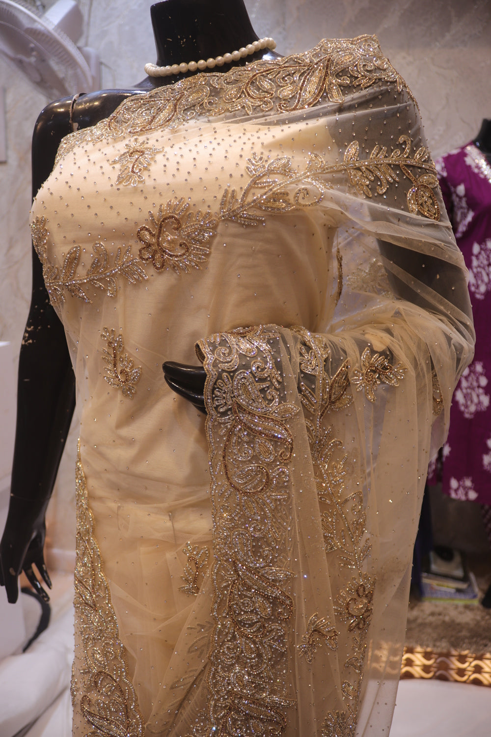 "The Champagne Gold" Designer Net Saree with Heavy Zardozi