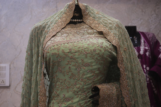 "The Pistachio Green" Premium Designer Saree with Stunning Veil