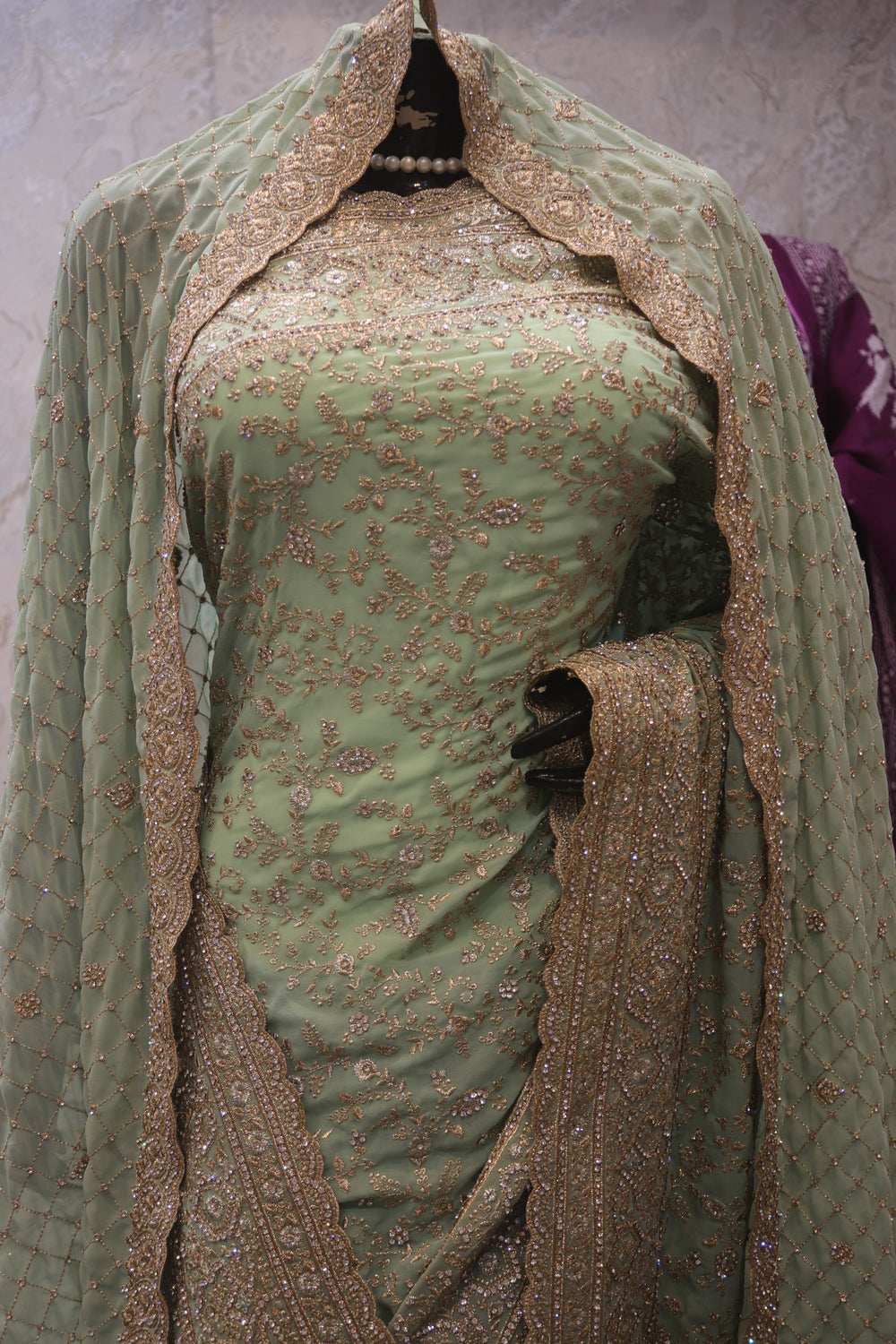 "The Pistachio Green" Premium Designer Saree with Stunning Veil