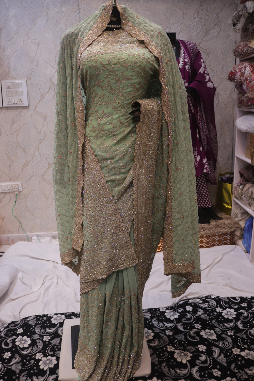 "The Pistachio Green" Premium Designer Saree with Stunning Veil