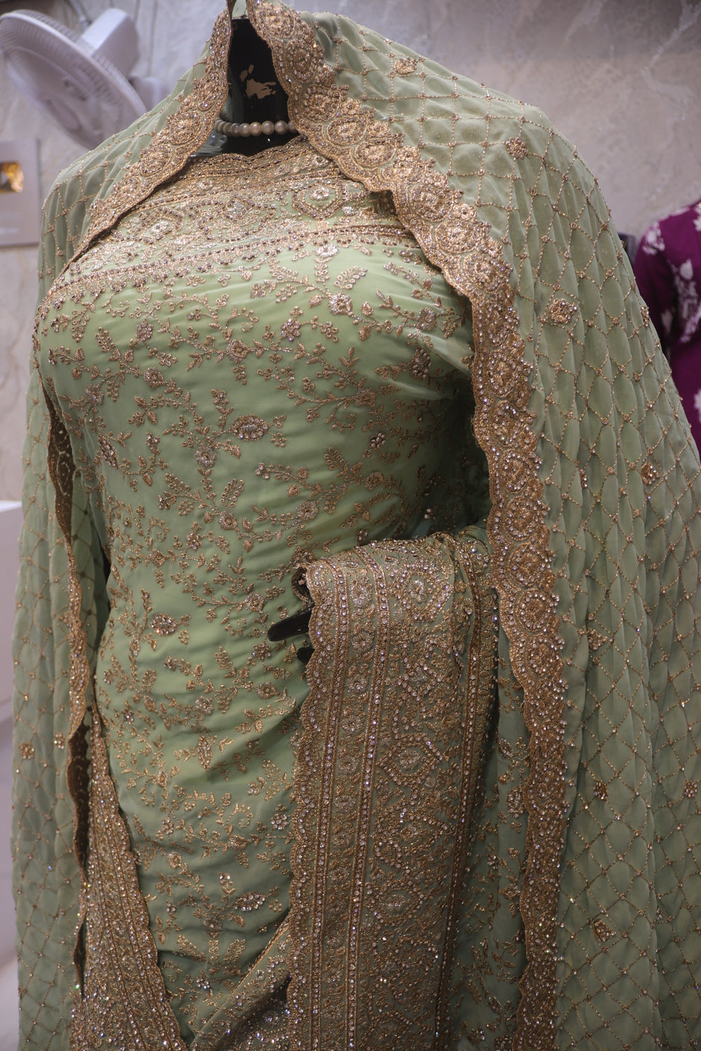 "The Pistachio Green" Premium Designer Saree with Stunning Veil