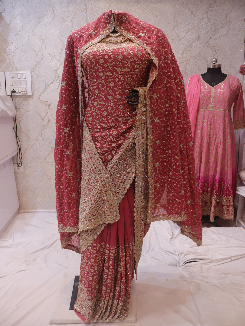 “The Salmon Pink” Premium Designer Saree with Veil