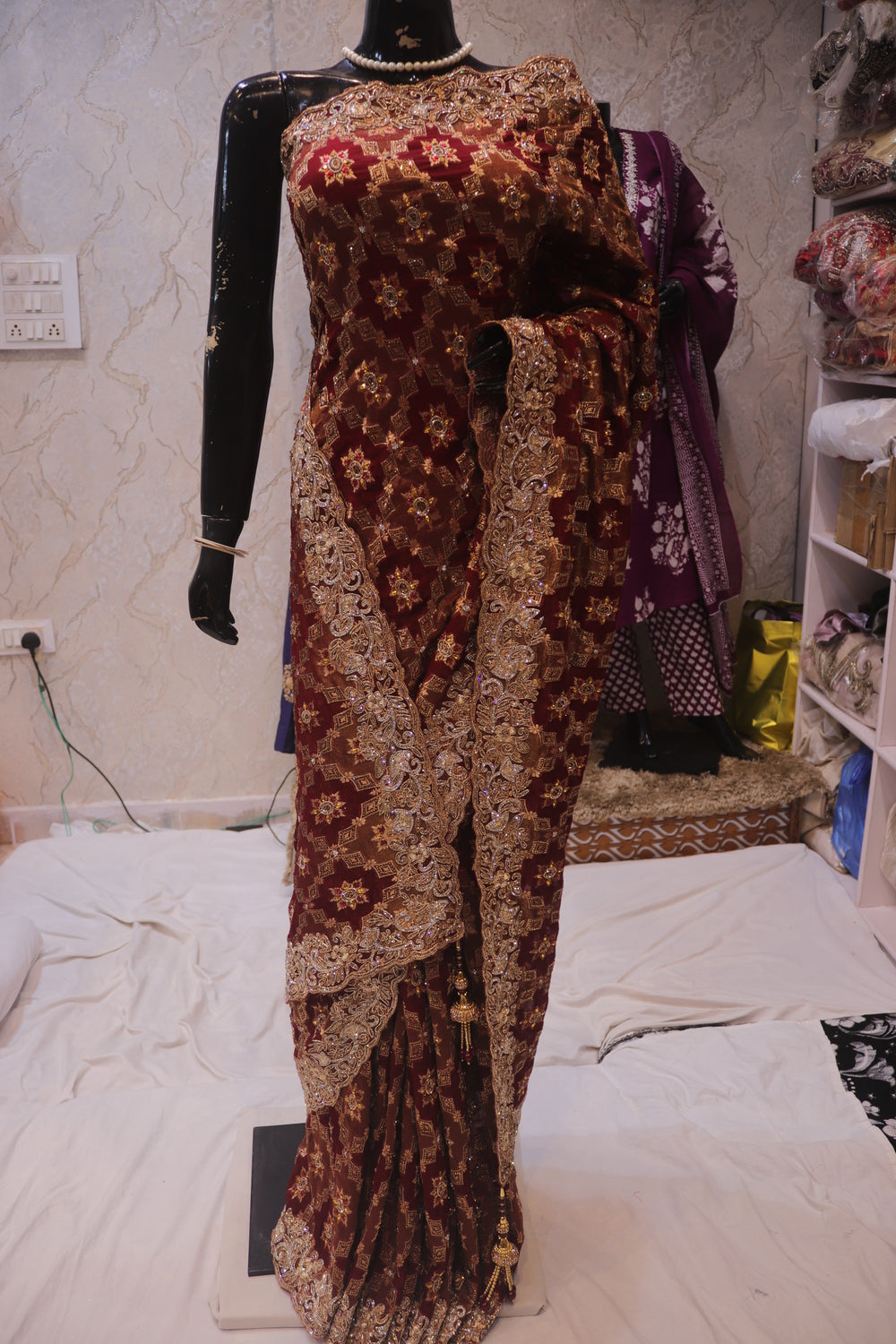 "The Regal Maroon" Premium Heavy Bridal Wedding Wear Handcrafted Banarasi Chiffon