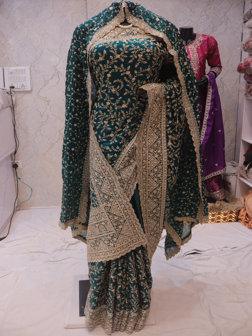 “The Peacock Blue” Premium Designer Saree with Veil