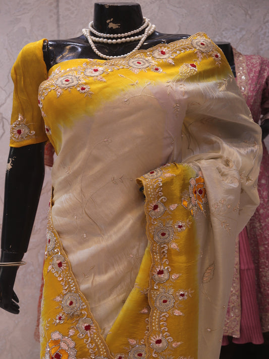 “The Exquisite Yellow & Cream” Premium Designer Saree