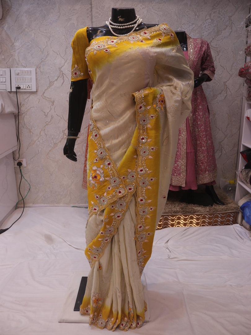 “The Exquisite Yellow & Cream” Premium Designer Saree