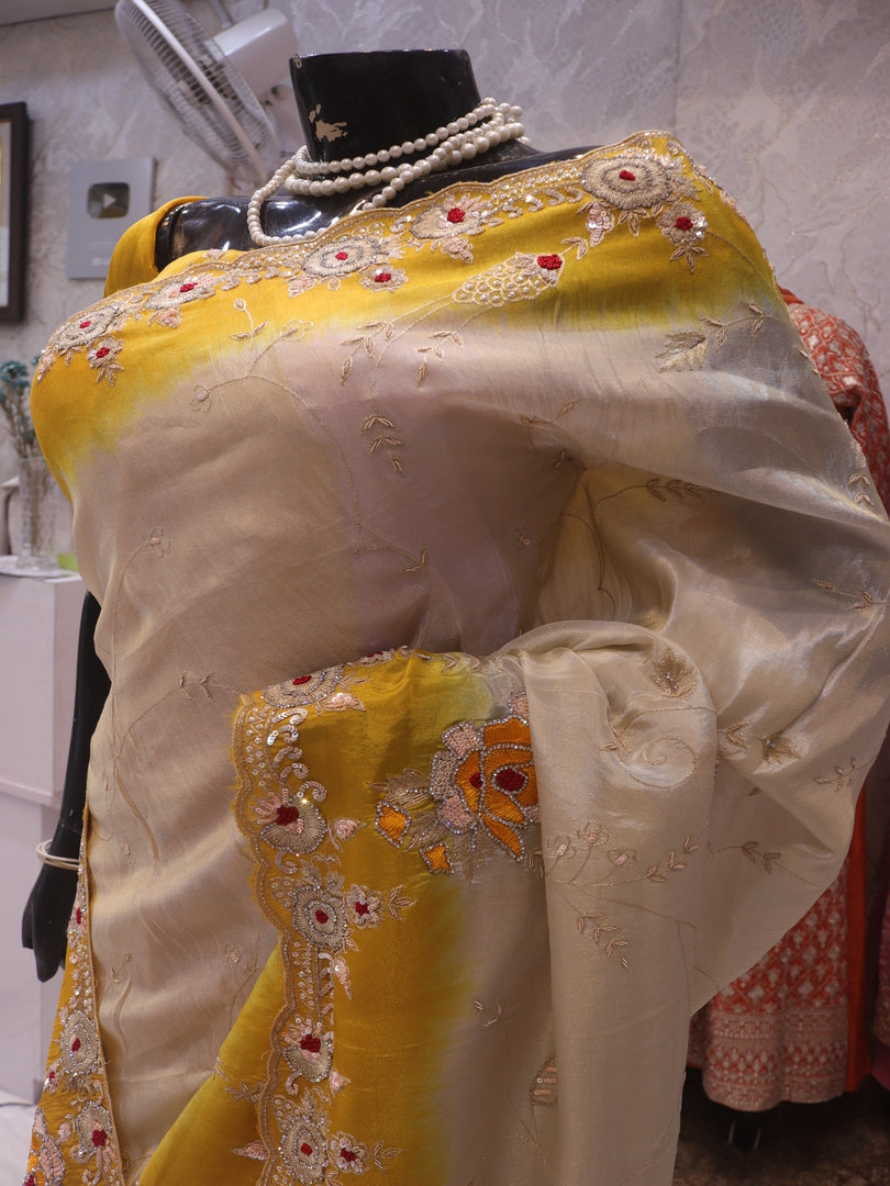 “The Exquisite Yellow & Cream” Premium Designer Saree