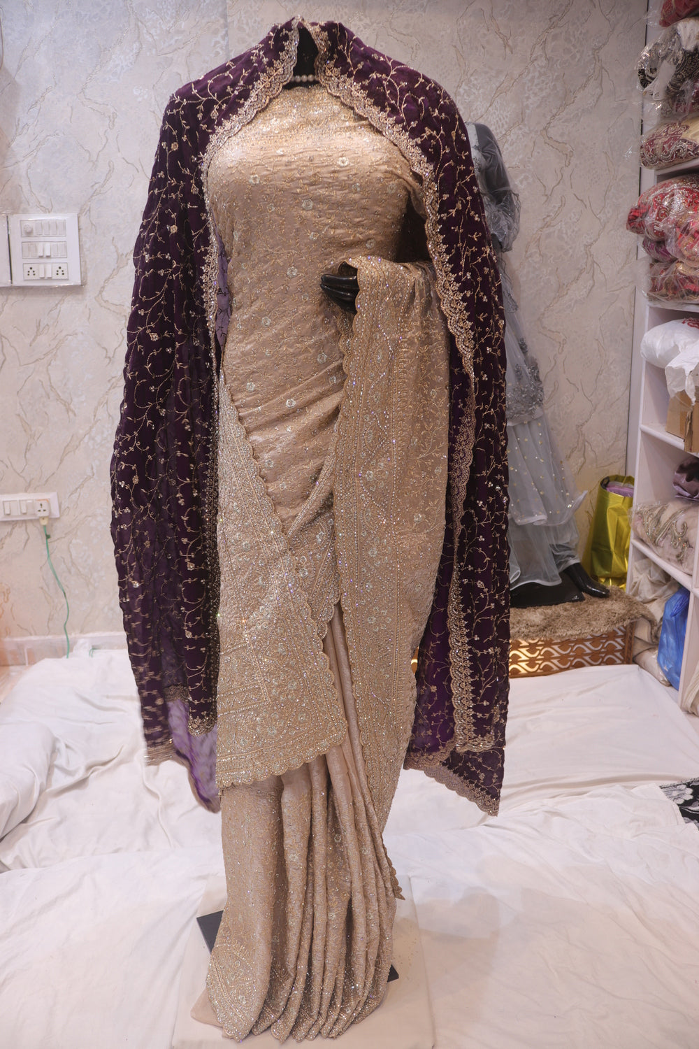 "The Royal Champagne" Premium Designer Wedding Wear Saree With Veil