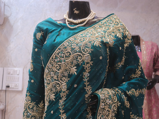 “The Royal Peacock Green” Premium Handcrafted Designer Saree