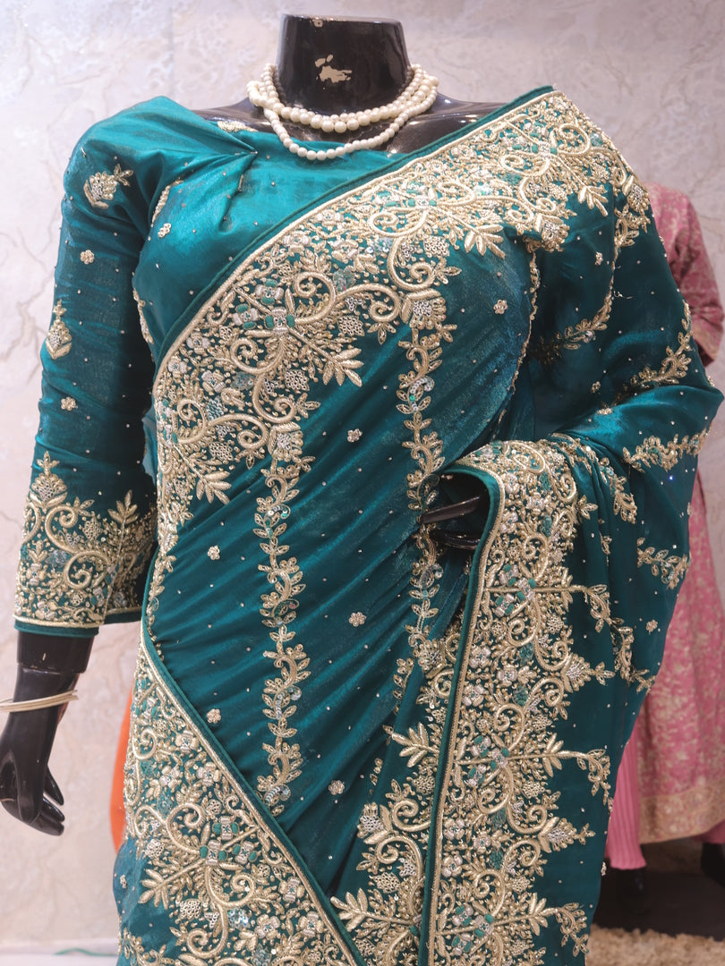 “The Royal Peacock Green” Premium Handcrafted Designer Saree