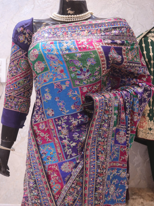 The Exquisite Royal Multicolor Premium Rajwadi Kashmiri Crepe Saree