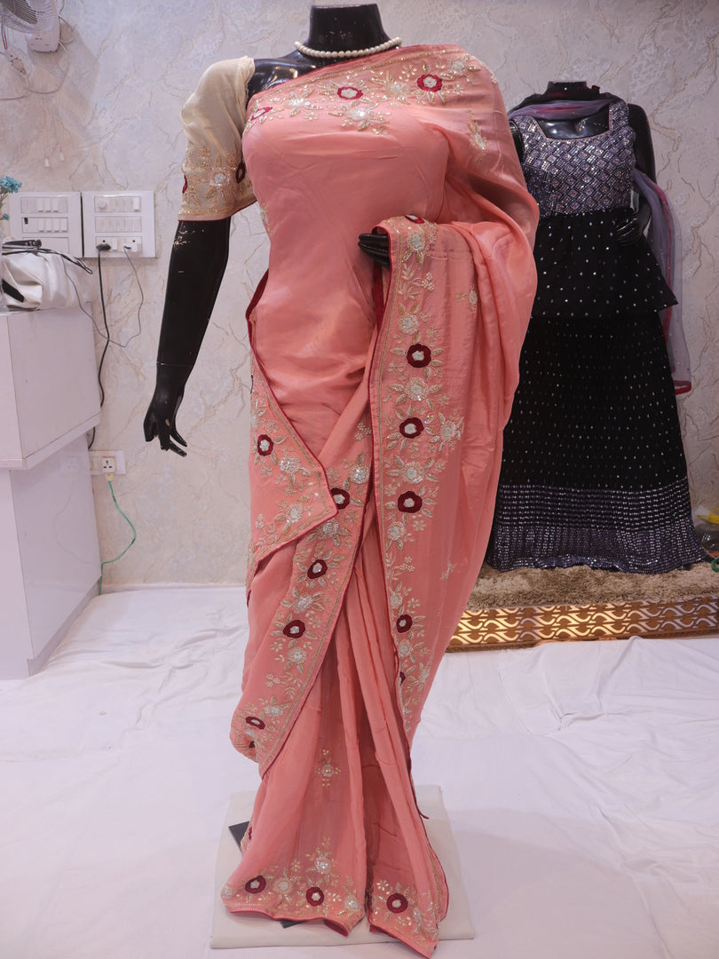 “The Exquisite Royal Salmon Pink” Premium Designer Saree