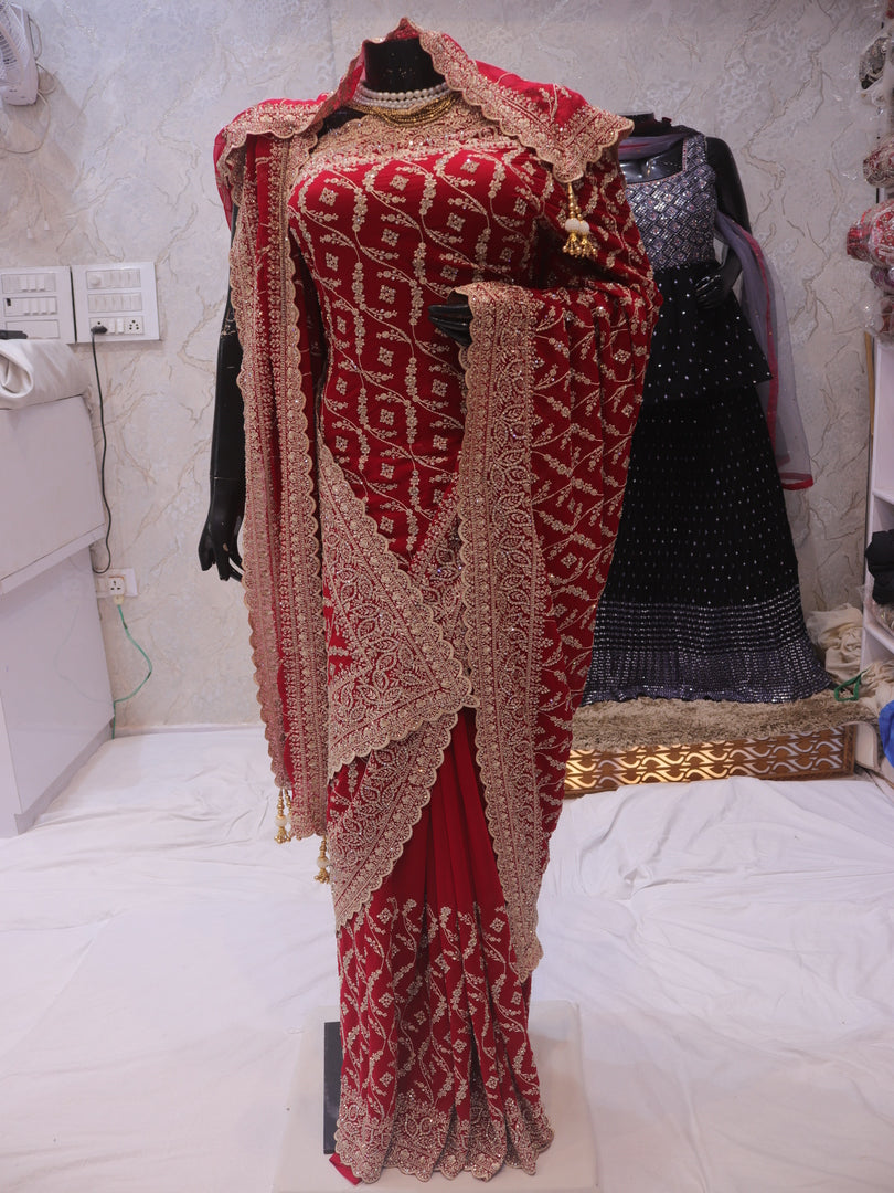 “The Royal Bridal Red” Premium Designer Saree with Veil