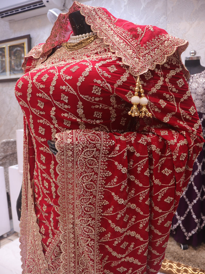 “The Royal Bridal Red” Premium Designer Saree with Veil